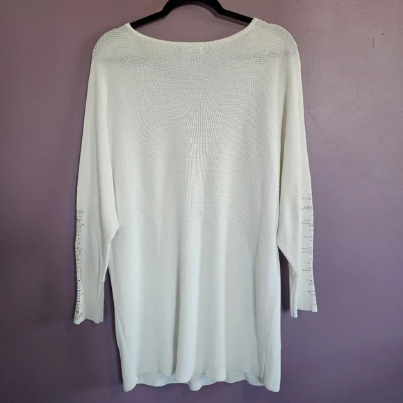 Chico's White Knit Silver Rhinestone Oversized Dolman Sleeve Sweater Tunic - Picture 7 of 12